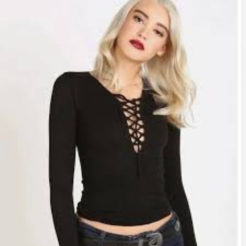 Intimately by Free People Black Seamless Ribbed Lace-Up Tie Front Layering Top
